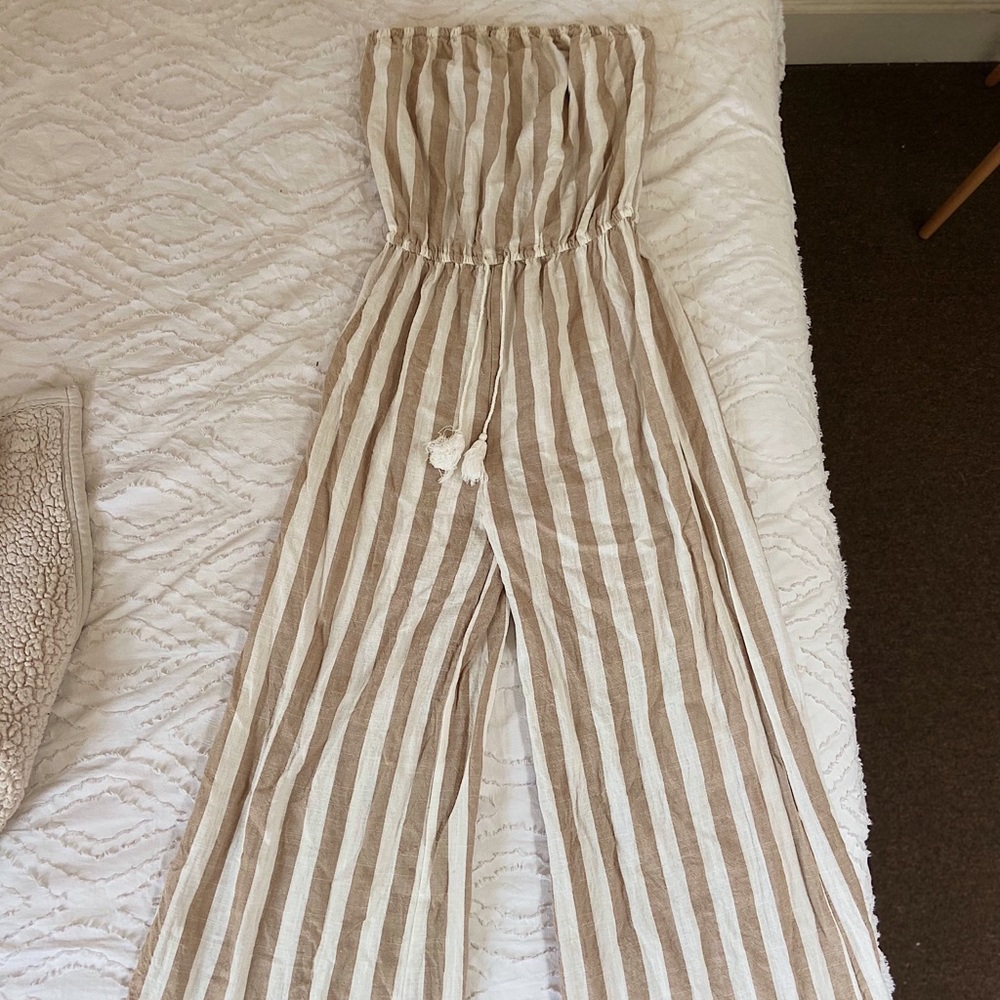 Tan and white striped strapless jumpsuit
